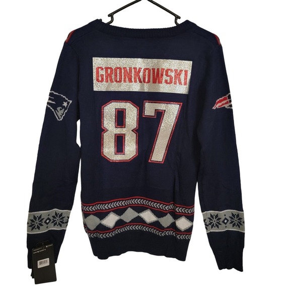 NFL Team Apparel Patriots Gronkowski Christmas Sweater Sequin Football LG NEW - Picture 2 of 9